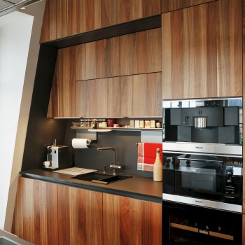 Кухня параллельная с фасадами из шпона в современном стиле